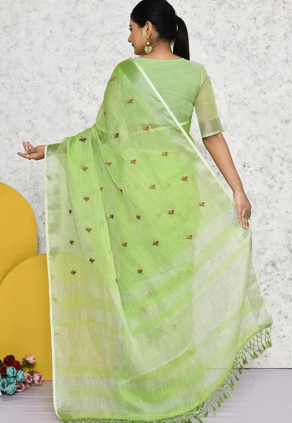 Embroidered Linen Saree in Light Green