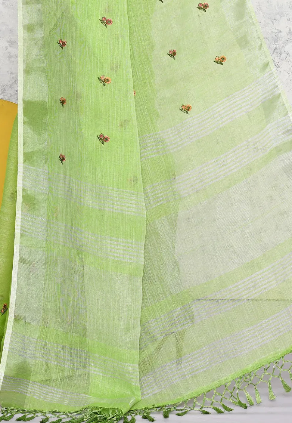 Embroidered Linen Saree in Light Green