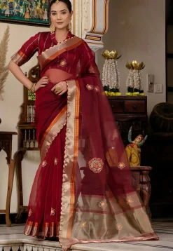 Embroidered Linen Silk Saree in Maroon