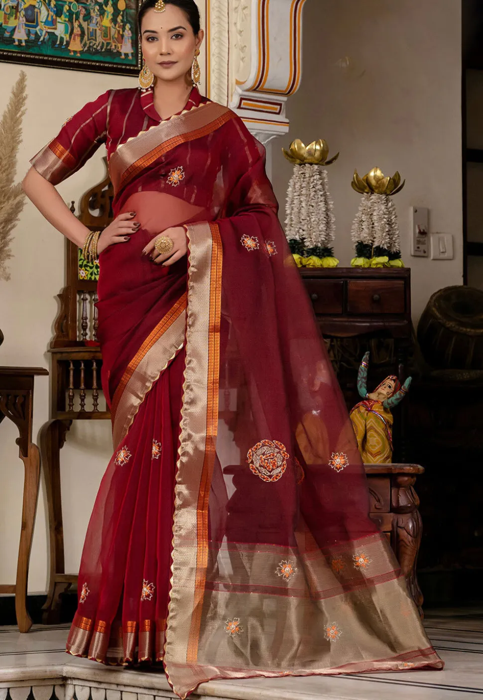 Embroidered Linen Silk Saree in Maroon