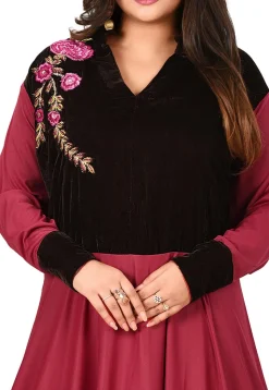 Embroidered Lycra Flared Gown in Maroon and Dark Brown