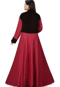 Embroidered Lycra Flared Gown in Maroon and Dark Brown