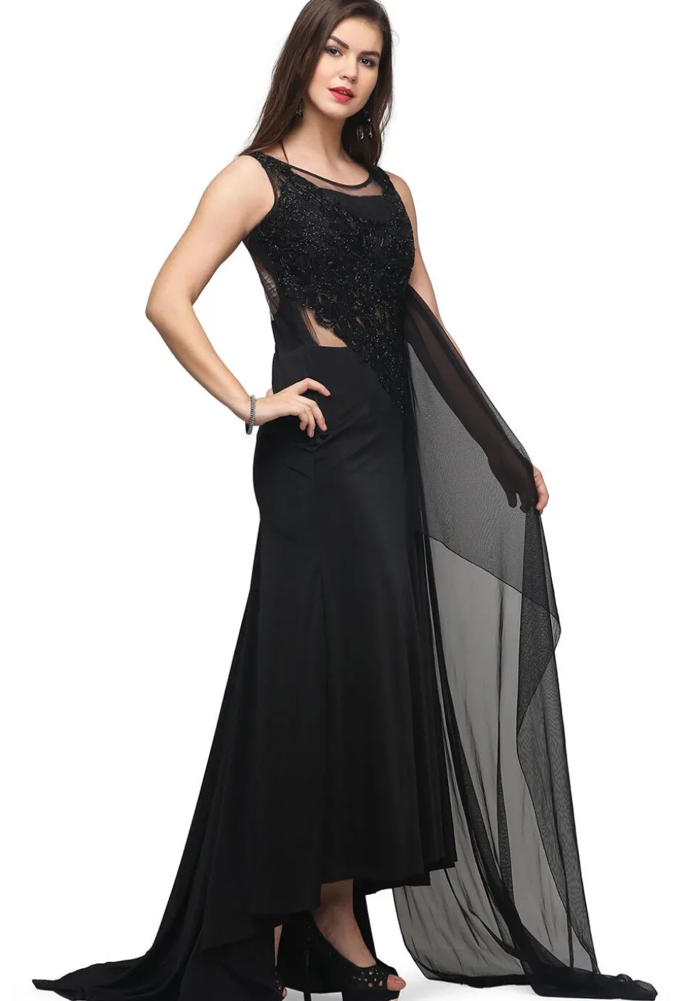 Embroidered Lycra Gown in Black