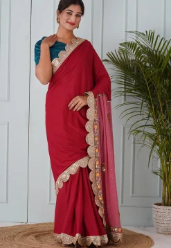Embroidered Lycra Shimmer(Elastane) Saree in Magenta and Pink