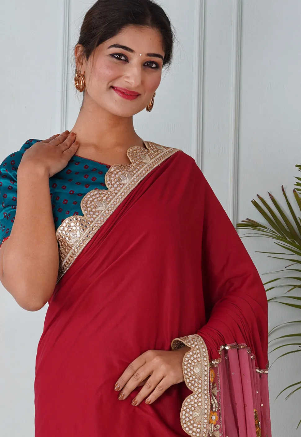 Embroidered Lycra Shimmer(Elastane) Saree in Magenta and Pink