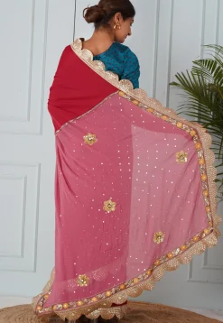 Embroidered Lycra Shimmer(Elastane) Saree in Magenta and Pink
