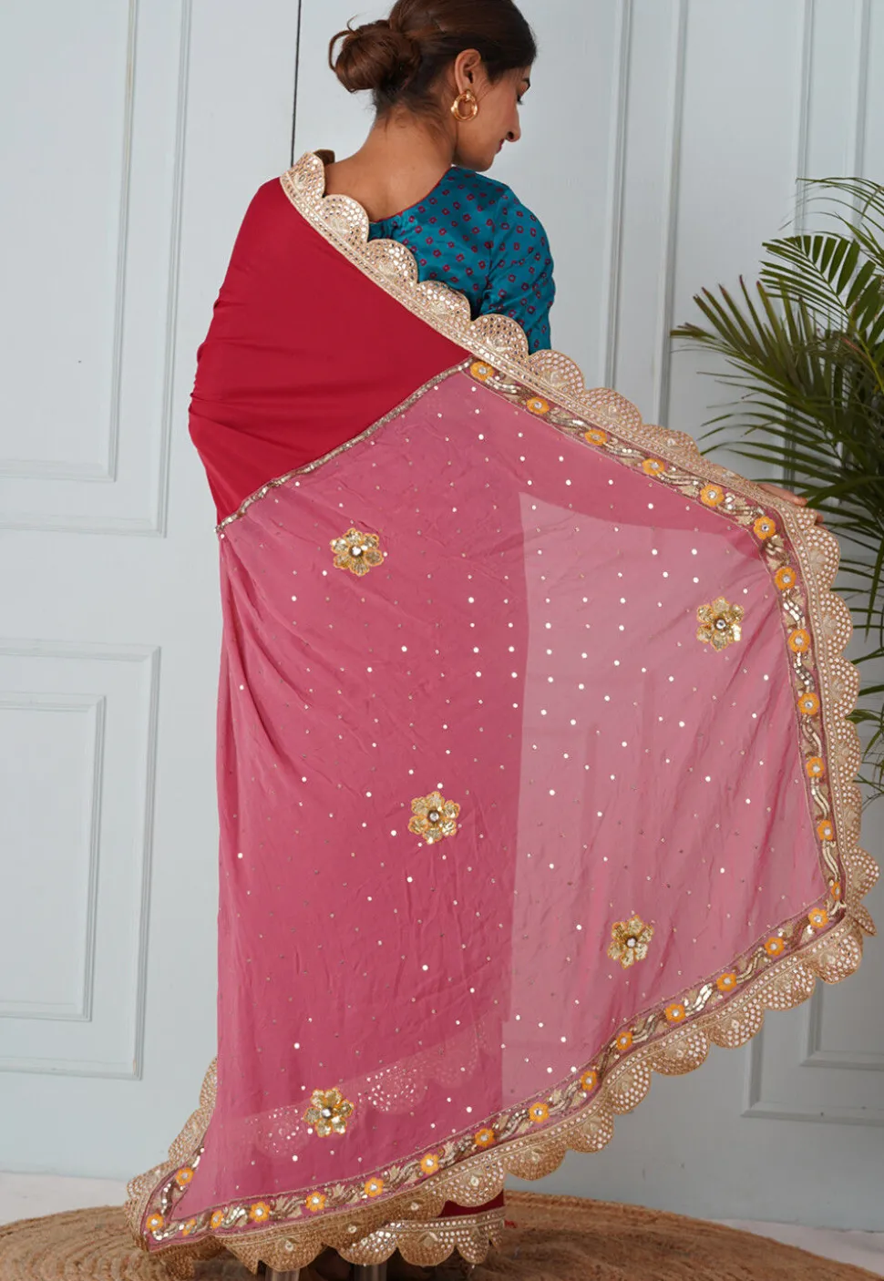 Embroidered Lycra Shimmer(Elastane) Saree in Magenta and Pink