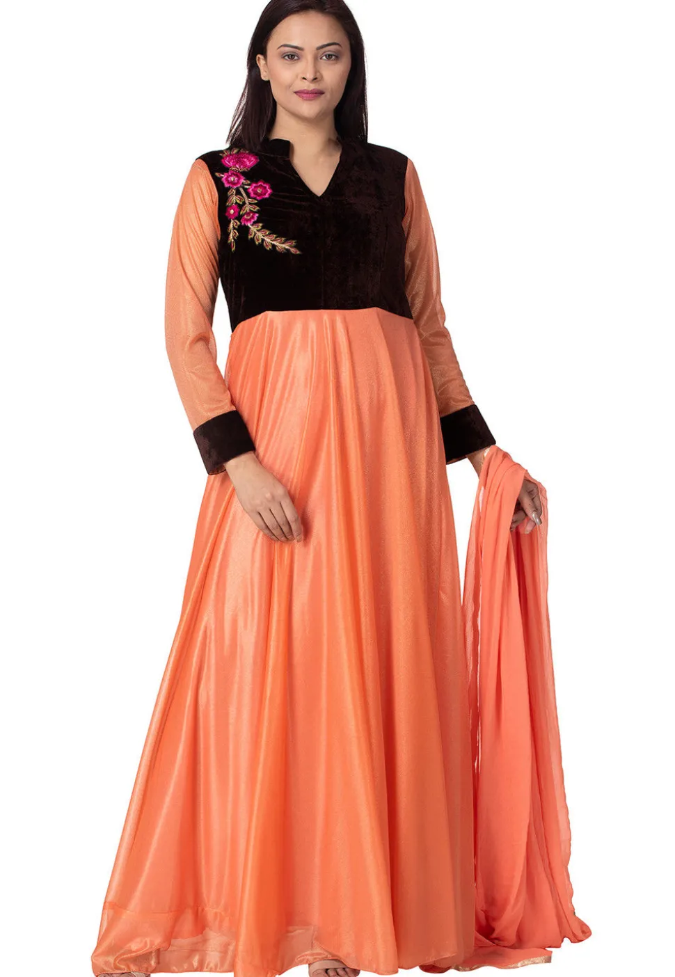 Embroidered Lycra Shimmer Abaya Style Suit in Peach and Black