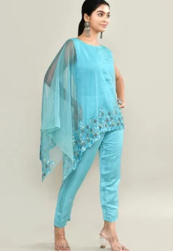 Embroidered Modal Silk Jumpsuit in Blue
