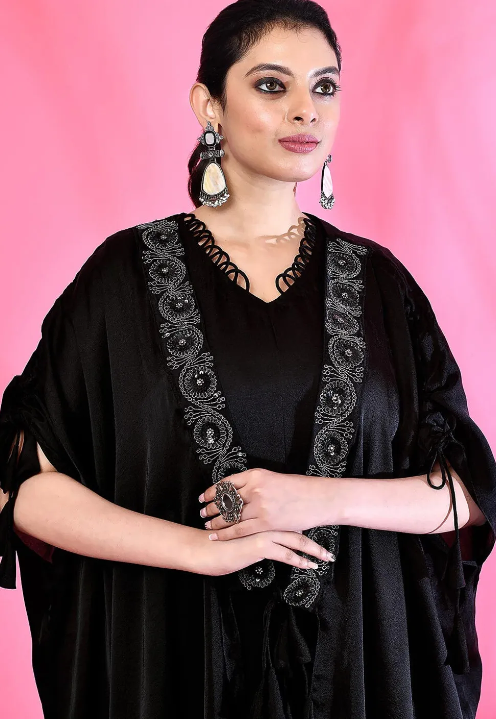 Embroidered Modal Silk Kaftan Style Dress in Black