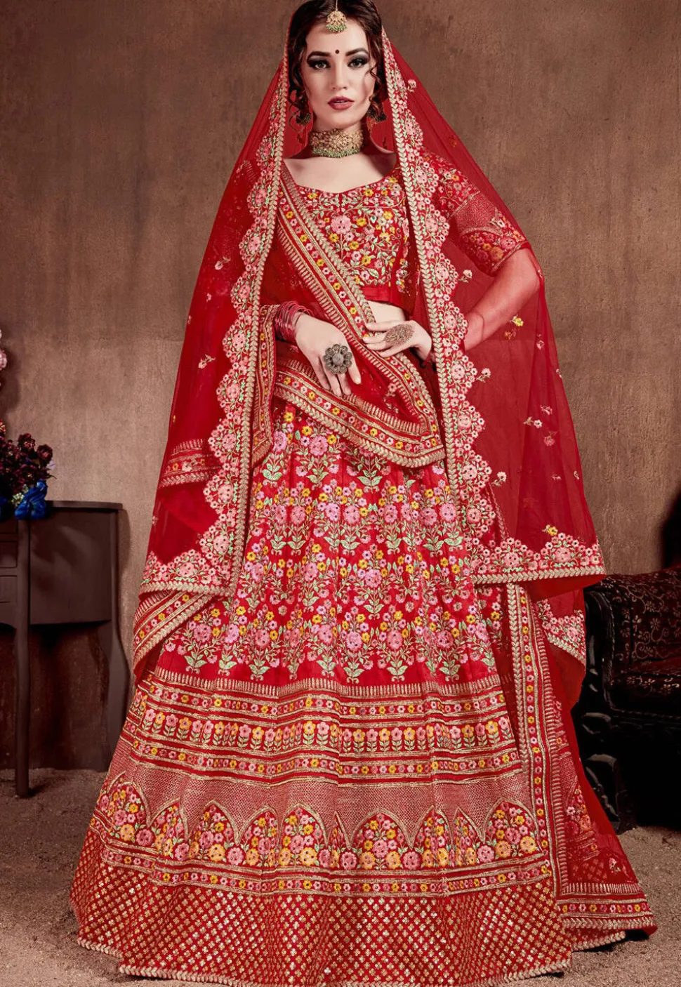 Embroidered Mulberry Silk Lehenga in Red