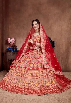 Embroidered Mulberry Silk Lehenga in Red