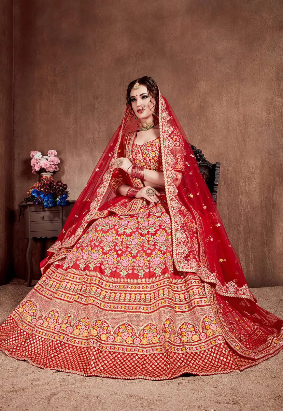 Embroidered Mulberry Silk Lehenga in Red