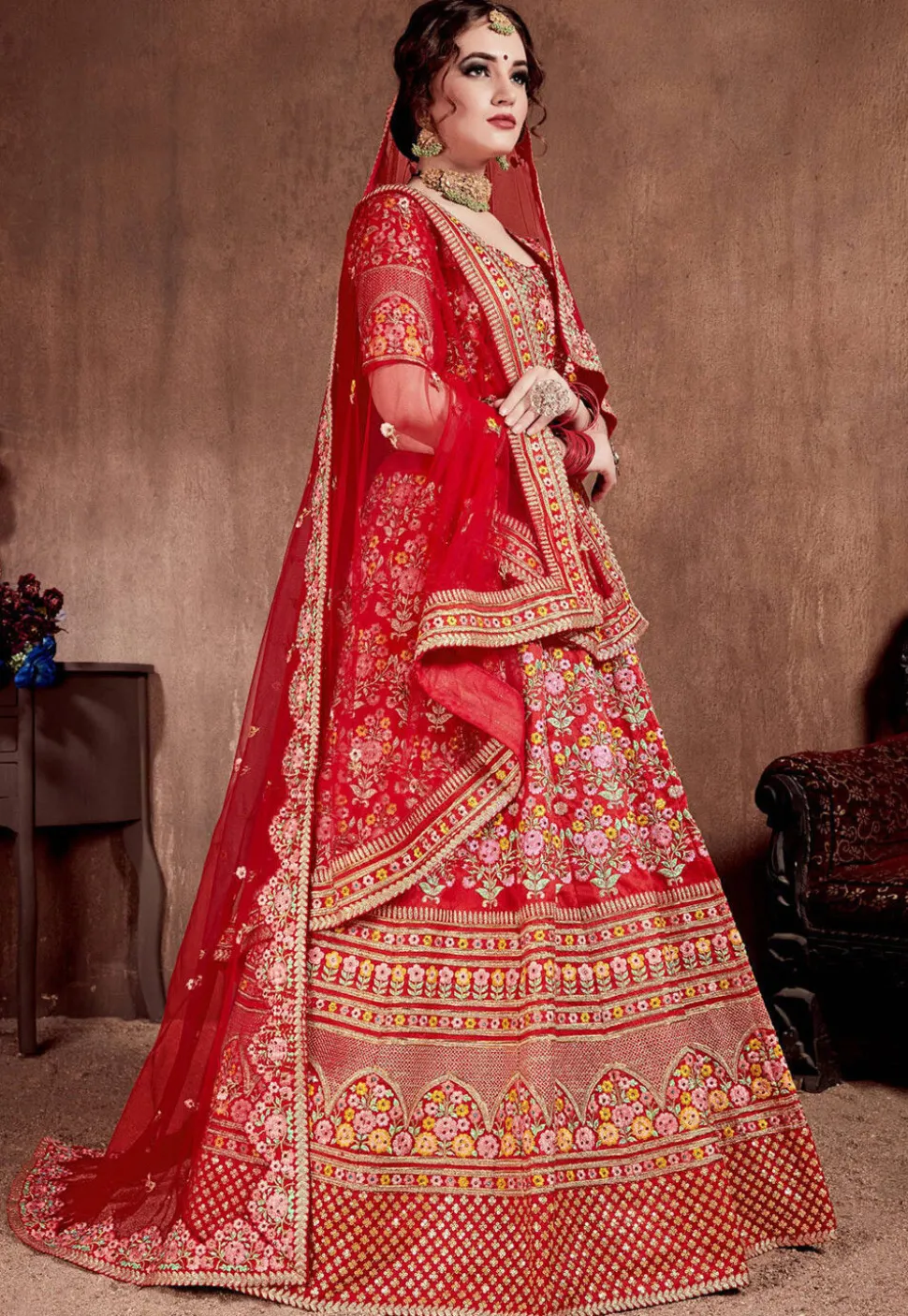 Embroidered Mulberry Silk Lehenga in Red