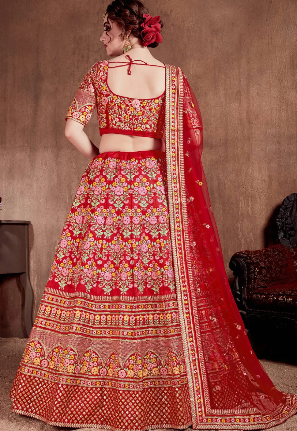 Embroidered Mulberry Silk Lehenga in Red
