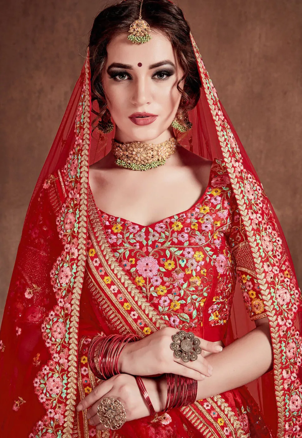 Embroidered Mulberry Silk Lehenga in Red