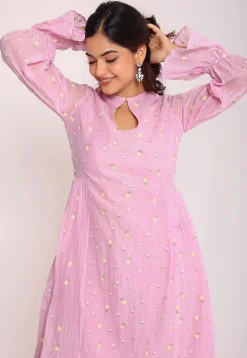 Embroidered Mulmul Cotton Abaya Style Suit in Pink