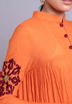 Embroidered Mulmul Cotton Tiered Long Kurta in Orange