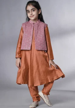 Embroidered Muslin Silk A Line Suit in Rust