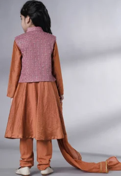 Embroidered Muslin Silk A Line Suit in Rust