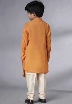 Embroidered Muslin Silk Asymmetric Kurta Set in Mustard