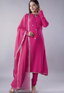 Embroidered Muslin Silk Aline Suit in Pink