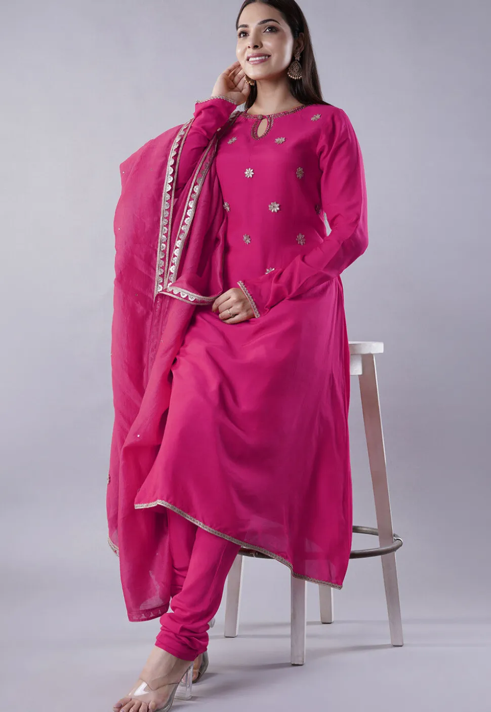 Embroidered Muslin Silk Aline Suit in Pink
