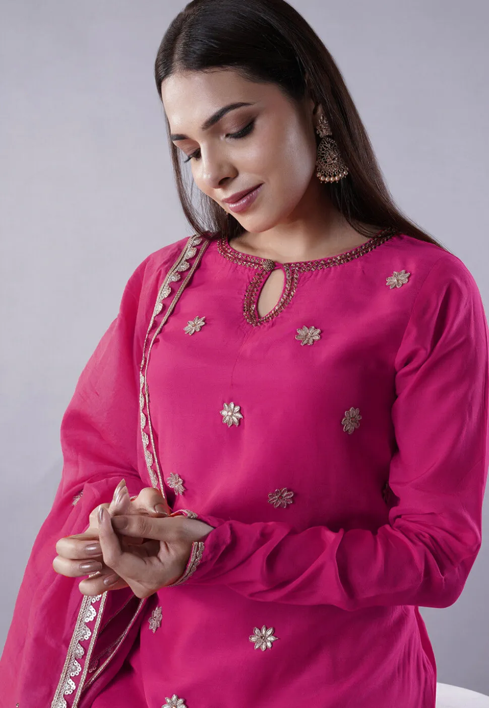 Embroidered Muslin Silk Aline Suit in Pink