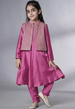 Embroidered Muslin Silk A Line Suit in Magenta