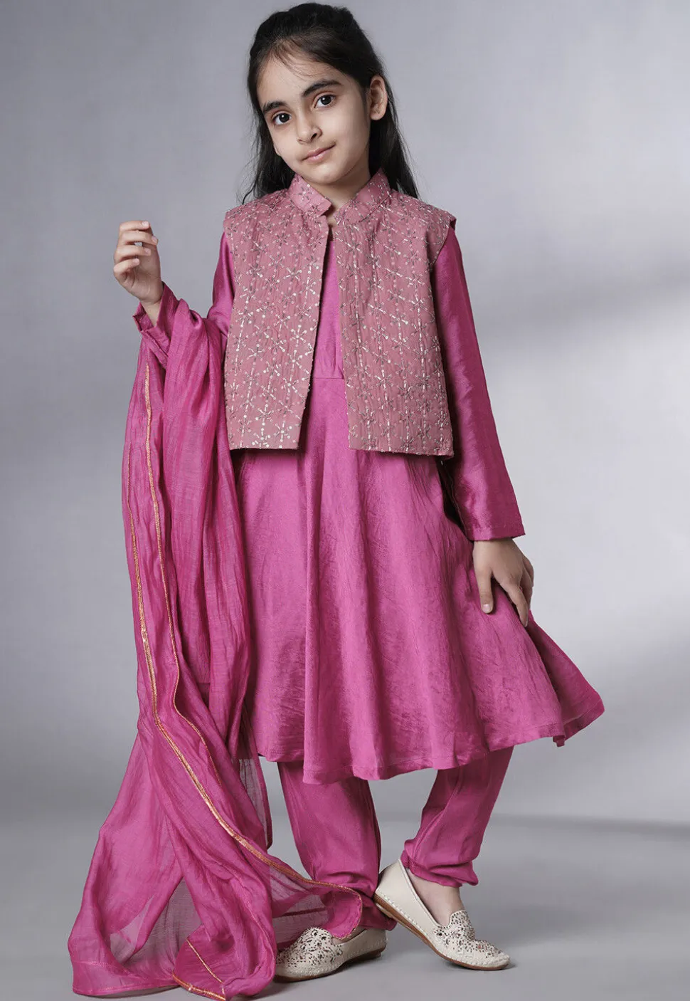 Embroidered Muslin Silk A Line Suit in Magenta