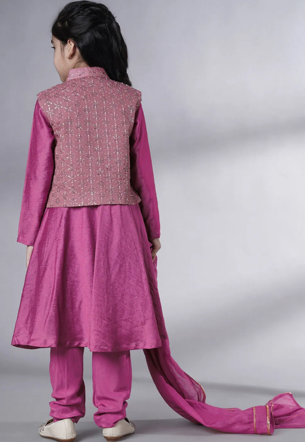 Embroidered Muslin Silk A Line Suit in Magenta