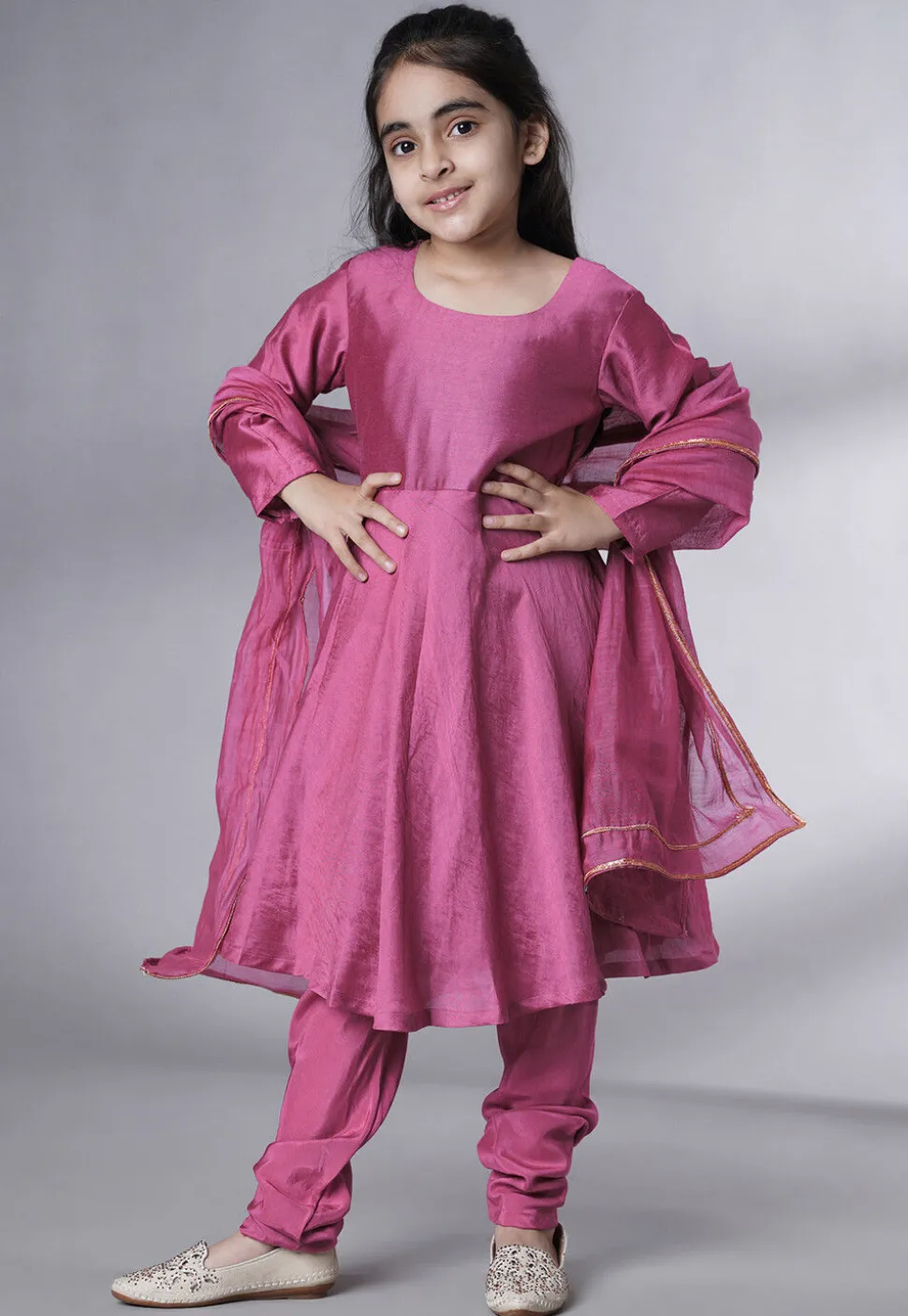 Embroidered Muslin Silk A Line Suit in Magenta