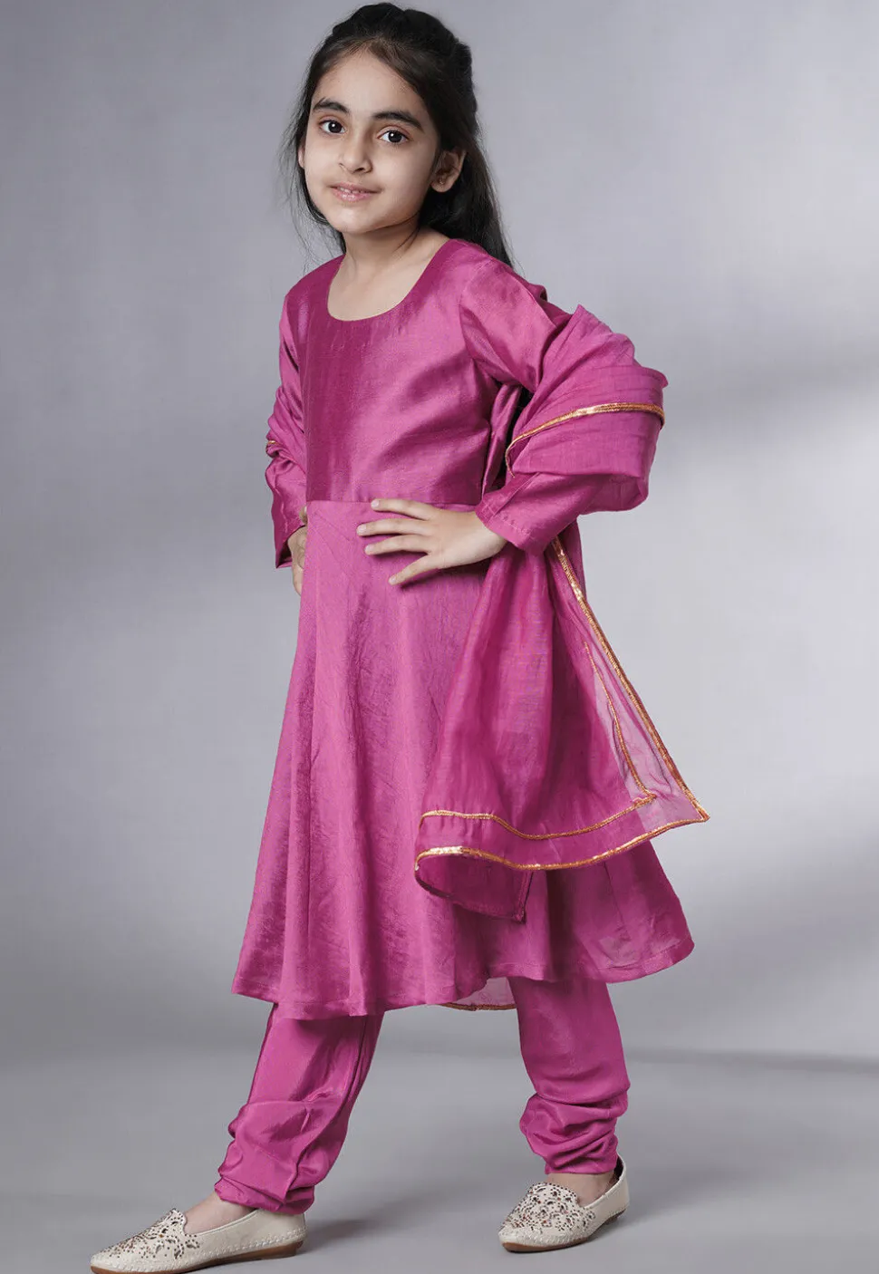 Embroidered Muslin Silk A Line Suit in Magenta