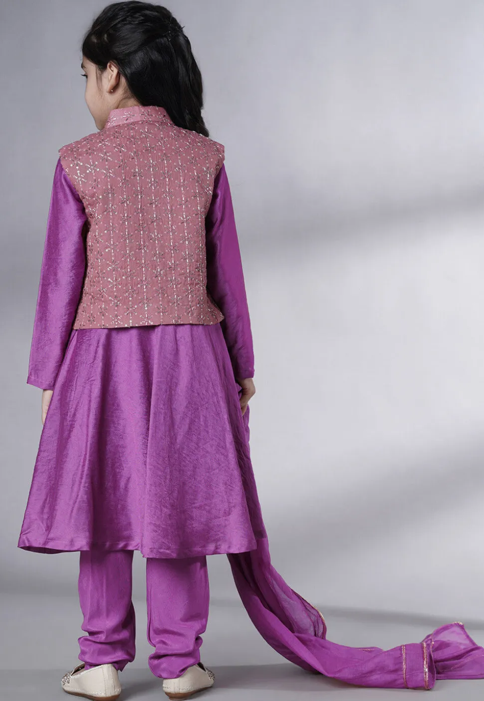 Embroidered Muslin Silk A Line Suit in Purple