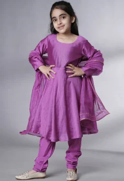 Embroidered Muslin Silk A Line Suit in Purple