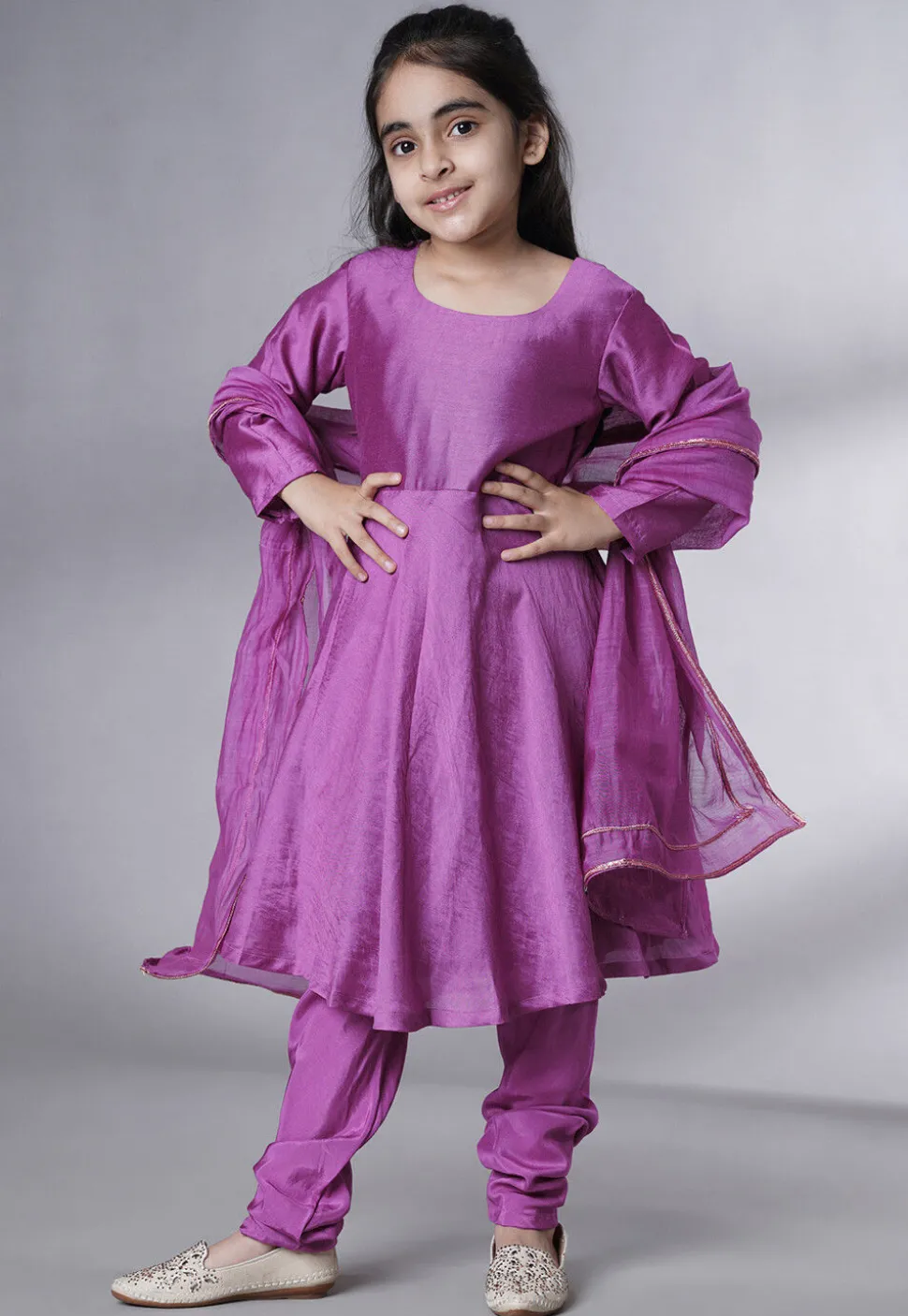 Embroidered Muslin Silk A Line Suit in Purple