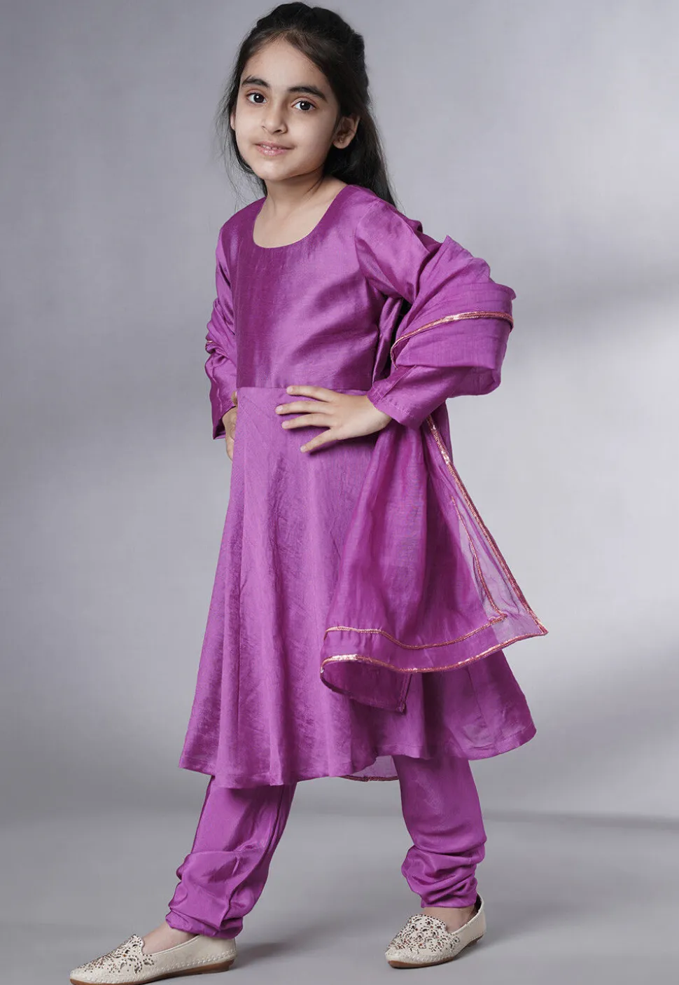 Embroidered Muslin Silk A Line Suit in Purple