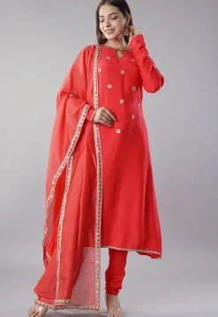 Embroidered Muslin Silk Aline Suit in Red