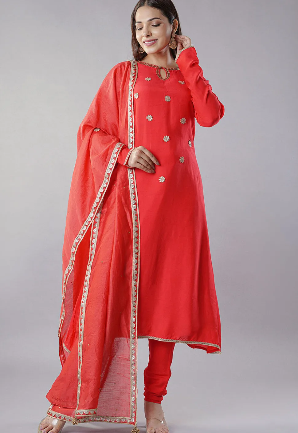 Embroidered Muslin Silk Aline Suit in Red