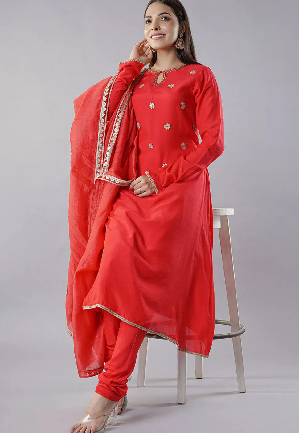 Embroidered Muslin Silk Aline Suit in Red