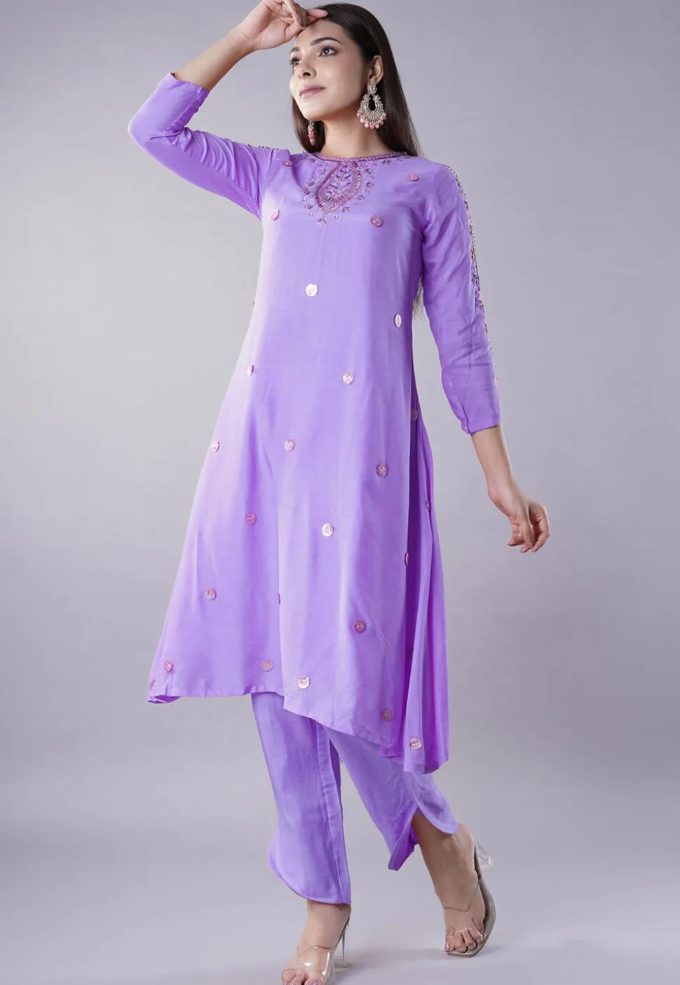 Embroidered Muslin Silk Aline Kurta Set in Lilac