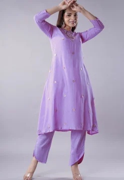 Embroidered Muslin Silk Aline Kurta Set in Lilac