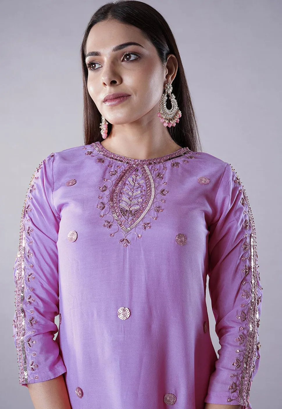 Embroidered Muslin Silk Aline Kurta Set in Lilac