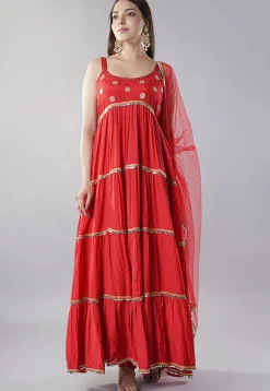 Embroidered Muslin Silk Abaya Style Suit in Red