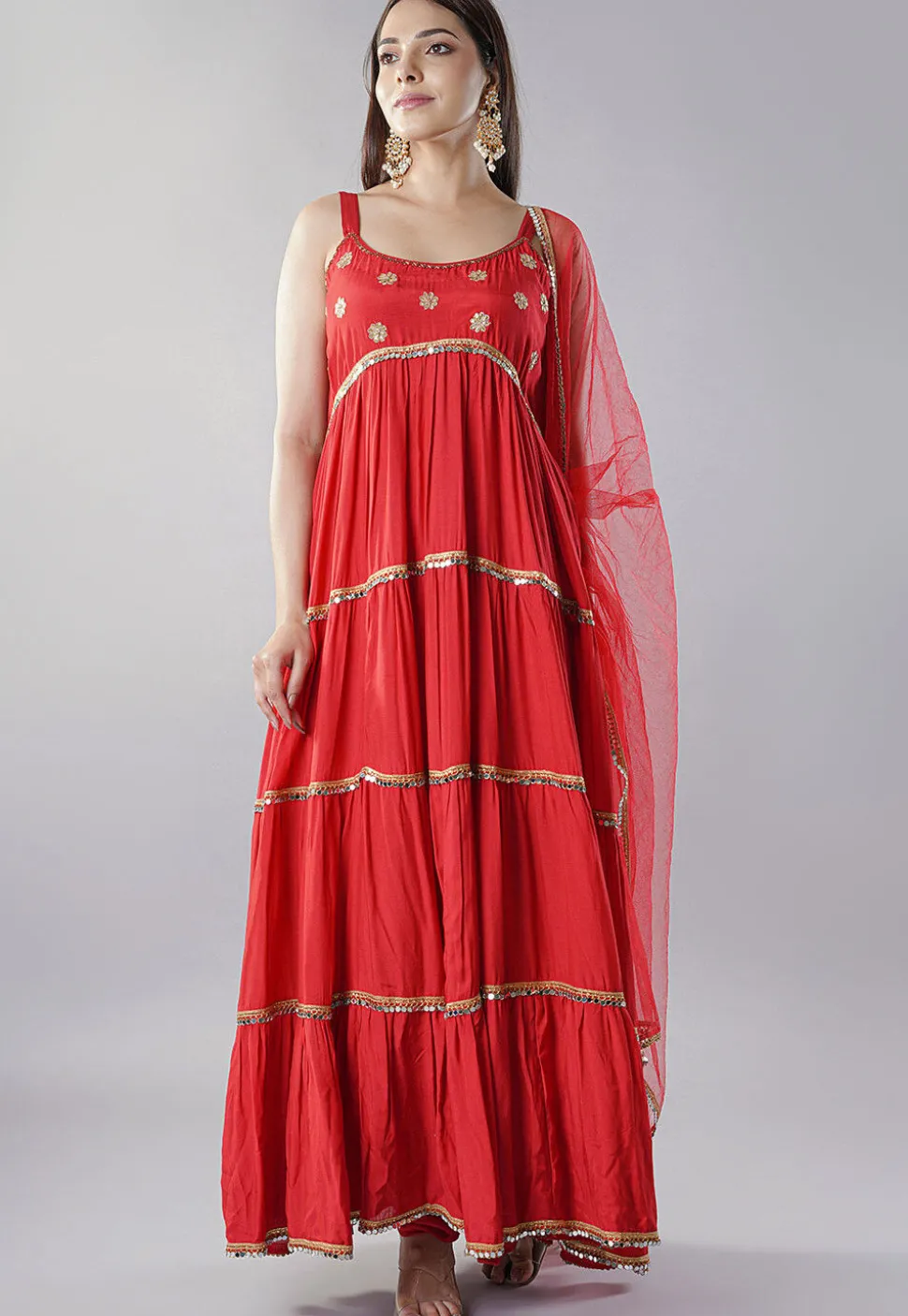 Embroidered Muslin Silk Abaya Style Suit in Red