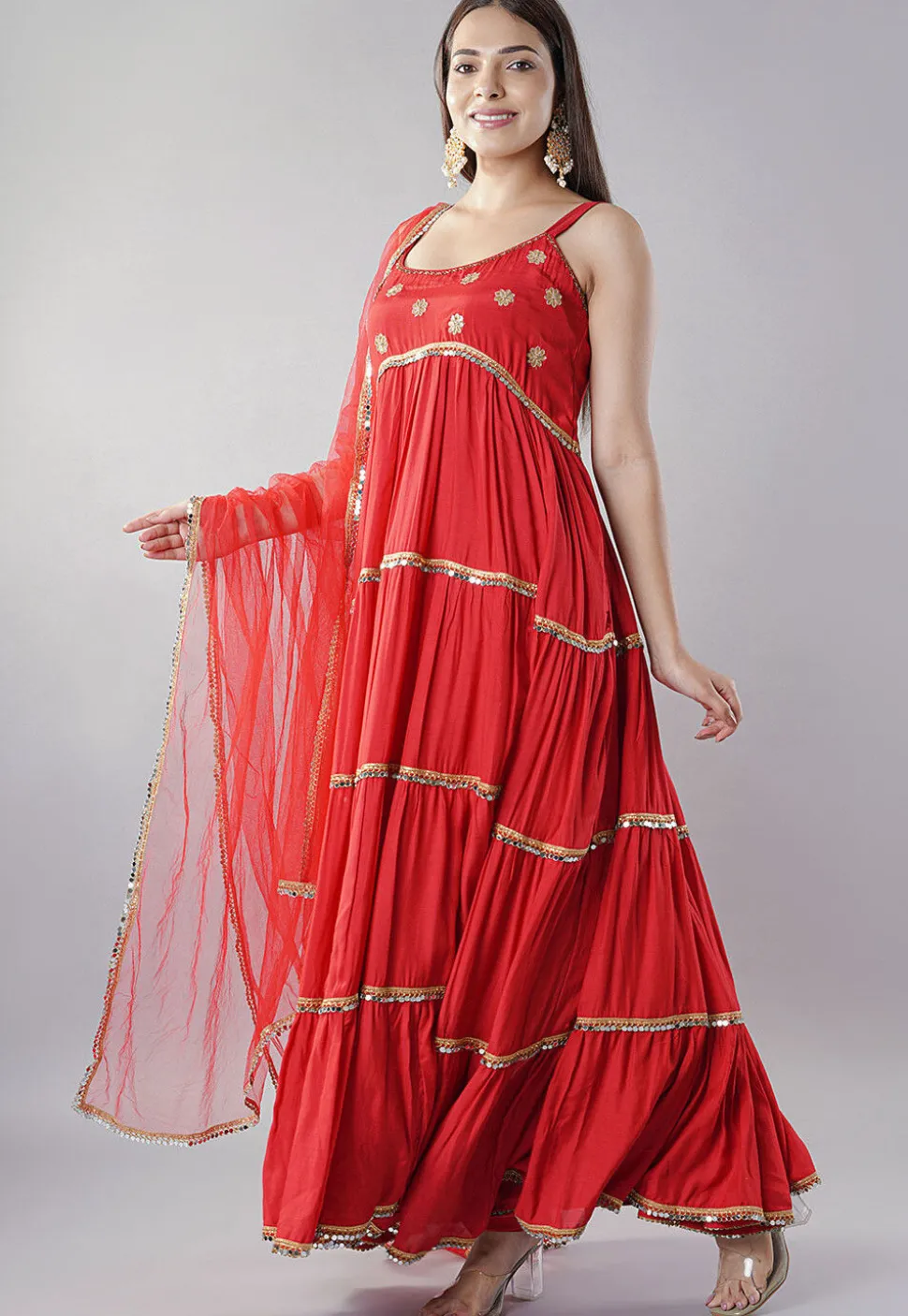 Embroidered Muslin Silk Abaya Style Suit in Red