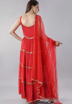 Embroidered Muslin Silk Abaya Style Suit in Red
