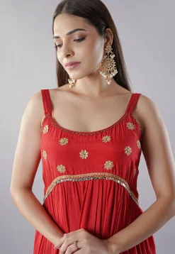 Embroidered Muslin Silk Abaya Style Suit in Red