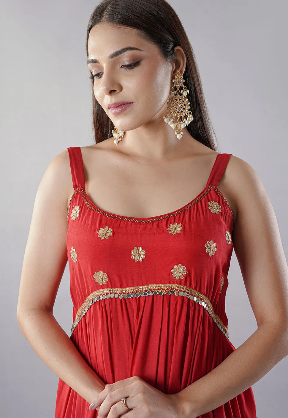 Embroidered Muslin Silk Abaya Style Suit in Red