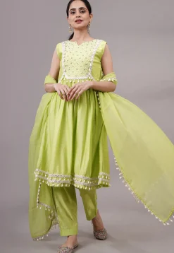 Embroidered Muslin Silk Aline Suit in Olive Green